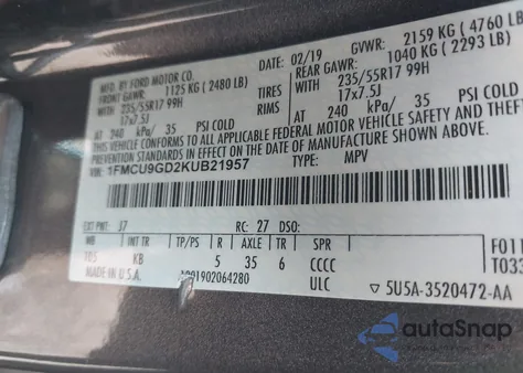 2019 Ford Escape Se из США, поврежденный, VIN 1FMCU9GD2KUB21957